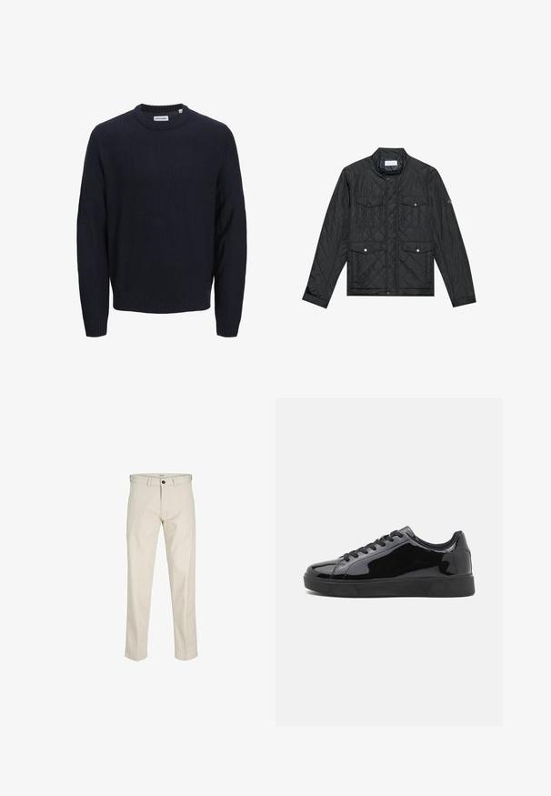 Czarna pikowana kurtka z stójką, dwiema przednimi kieszeniami z zatrzaskami i pikowaną teksturą, wykonana z lekkiego materiału.; Granatowy sweter z dzianiny o prążkowanej teksturze, okrągłym dekolcie i długich rękawach. Posiada wplecioną metkę z logo marki przy dekolcie.; Beżowe bawełniane spodnie w prostym kroju, z guzikowym zapięciem, kieszeniami z przodu i przeszyciami. Gładka tekstura, minimalne detale i brak wzorów.; Czarne lakierowane sneakersy z okrągłym noskiem, płaską gumową podeszwą i czarnymi sznurowadłami. Gładka, błyszcząca tekstura na górnej powierzchni.