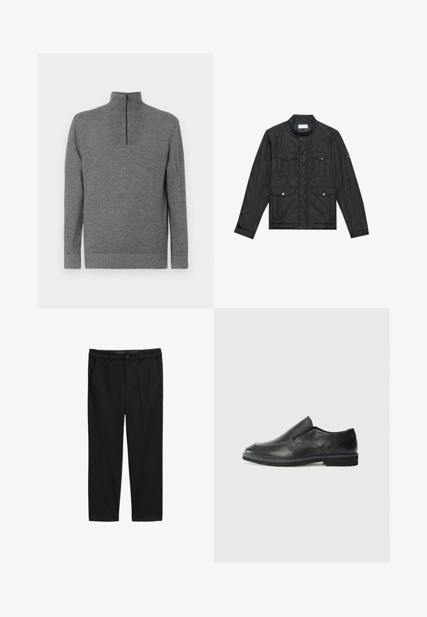 Juodas siuvinėtas džemperis su stovinčia apykakle, dviem priekinėm kišenėm su spaudėmis ir siuvinėtu paviršiumi, pagamintas iš lengvo audinio.; Pilkos mezginės megztinis su ilgomis rankovėmis ir ketvirčio užtrauktuku aukštu apykakle, išdėstytas plokščiai ant balto fono.; Juodi tiesūs keliai, pagaminti iš tekstūruotos medžiagos. Su dviem priekiniais kišenėmis ir sagų užsegimu juosmenyje.; Juodai odiniai įtvirtinimo batai su lygiu paviršiumi, siuvinėjimo akcentais, apvalia nosimi ir žemu guminiu kulnu. Pado raštas minimalus.