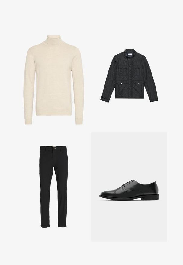 Melna quiltota jaka ar stāvo apkakli, divām priekšējām kabatām ar spiedpogu aizdari un quiltu tekstūru, izgatavota no viegla auduma.; Bežs turtlenecks džemperis, kas izgatavots no mīksta adījuma auduma. Tam ir garas piedurknes un pieguļoša forma, ar ribota tipa apkakli un aprocēm.; Melnas kokvilnas maisījuma bikses ar šauru piegriezumu, ar pogu aizdari, kabatām un rullētām piedurknēm ikdienišķam izskatam.; Melnas ādas vadmalas kurpes ar noapaļotu purngalu, saistījuma dizains, smalkas izšuvumu detaļas un zema papēža. Gluda tekstūra ar spīdīgu apdari.