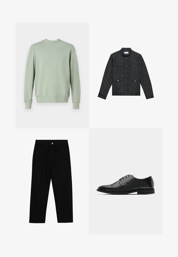 Giacca nera trapuntata con colletto rialzato, due tasche frontali con bottoni a pressione e texture trapuntata, realizzata in tessuto leggero.; Felpa verde a girocollo realizzata in morbido tessuto, con maniche lunghe, polsini a coste e una vestibilità comoda. Design semplice senza motivi o dettagli.; Pantaloni in denim nero con taglio dritto, design a cinque tasche e chiusura frontale con bottone. Tessuto liscio con dettagli di cucitura minimi.; Scarpa da uomo in pelle nera con punta rotonda, design con lacci, dettagli di cucitura discreti e tacco basso. Texture liscia con finitura lucida.