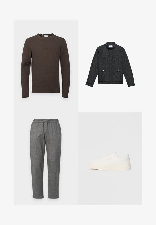 Zwarte gewatteerde jas met een staande kraag, twee voorzakken met drukknoopsluitingen en gewatteerde textuur, gemaakt van lichte stof.; Selected Homme SLHROSS STRUCTURE CREW NECK - Trui - chocolate torte; Grijze, gebreide sweatpants met een trekkoord in de taille, taps toelopende pijpen en een subtiel textuurpatroon door de stof.; Witte instap sneakers met een gestructureerd oppervlak, een dikke zool en een minimalistisch ontwerp. Bevat het merklogo aan de zijkant.
