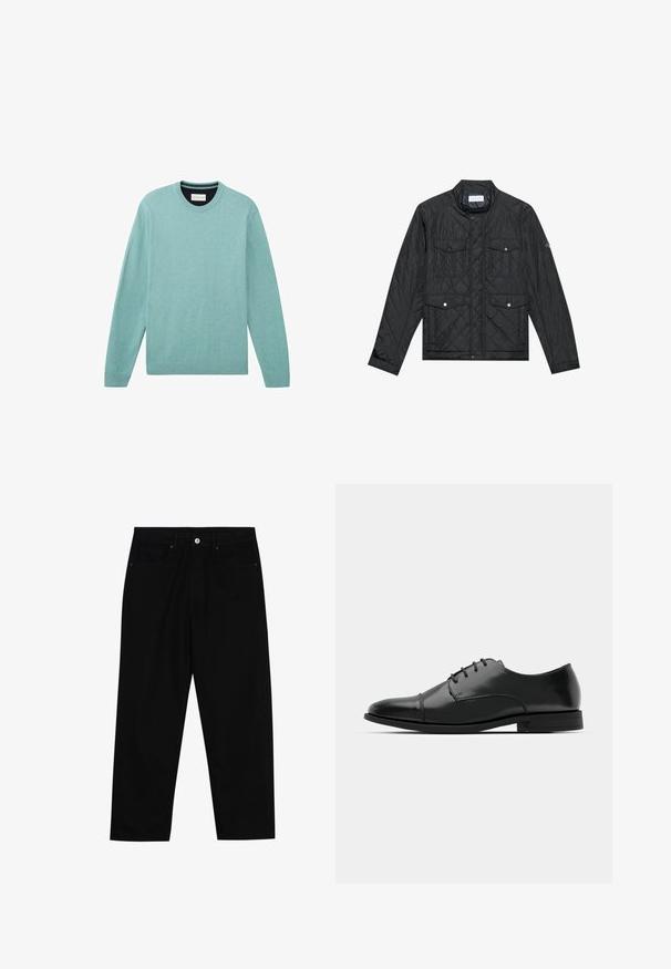 Juodas siuvinėtas džemperis su stovinčia apykakle, dviem priekinėm kišenėm su spaudėmis ir siuvinėtu paviršiumi, pagamintas iš lengvo audinio.; Šviesiai mėlynas džemperis, pagamintas iš minkštos medžiagos, su ilgomis rankovėmis, apvaliu kaklu, raišteliais ant rankovių ir lygiu paviršiumi su subtilia tekstūra.; Juoda džinsinė kelnė su tiesiu kirpimu, penkių kišenių dizainu ir priekiniais mygtukais. Lygus paviršius su minimaliu siuvimo detalėmis.; Juodas odinis džinsinis batų modelis su apvaliu galiuku, raišteliu ir subtiliomis siūlėmis, taip pat žemu kulnu. Lygus pavirčius su blizgiu apdaila.