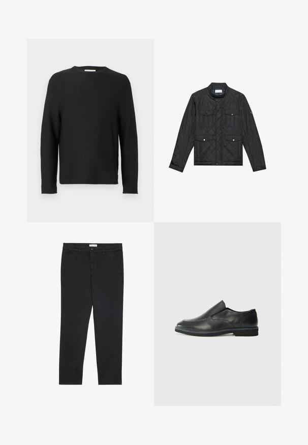 Μαύρο γούνινο μπουφάν με ψηλό γιακά, δύο μπροστινές τσέπες με κουμπιά κλειδώματος και γούνινη υφή, κατασκευασμένο από ελαφρύ ύφασμα.; Μαύρο πλεκτό πουλόβερ με στρογγυλή λαιμόκοψη και μακριά μανίκια. Διαθέτει ραβδωτή υφή και ραμμένα στριφώματα, με ετικέτα στη λαιμόκοψη.; Μαύρο βαμβακερό παντελόνι με στενή γραμμή, διαθέτει δύο πλάγιες τσέπες και κούμπωμα με κουμπί στο μπροστινό μέρος. Υφασμάτινη επιφάνεια με διακριτές λεπτομέρειες.; Μαύρο δερμάτινο παπούτσι χωρίς κορδόνια με λείο επάνω μέρος, ραφές, στρογγυλή μύτη και χαμηλό λάστιχο τακούνι. Η σόλα διαθέτει ελάχιστο σχέδιο.