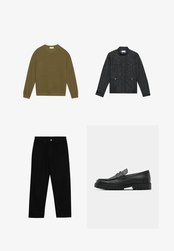 Fekete steppelt dzseki álló gallérral, két elülső zsebbel, patentgombokkal és steppelt textúrával, könnyű anyagból készült.; Olive zöld, hosszú ujjú pulóver, texturált halszálka mintával, kerek nyakkal, bordázott mandzsettával és aljjal. Egyszerű, laza fazon.; Fekete farmernadrág, egyenes szabással, öt zsebből álló dizájnnal és elülső gombos záródással. Simább felület minimális varrási részletekkel.; Fekete bőr loafer cipők kerek orral, varrott mintázattal, alacsony platformtalpú és texturált, barázdált gumitalppal.