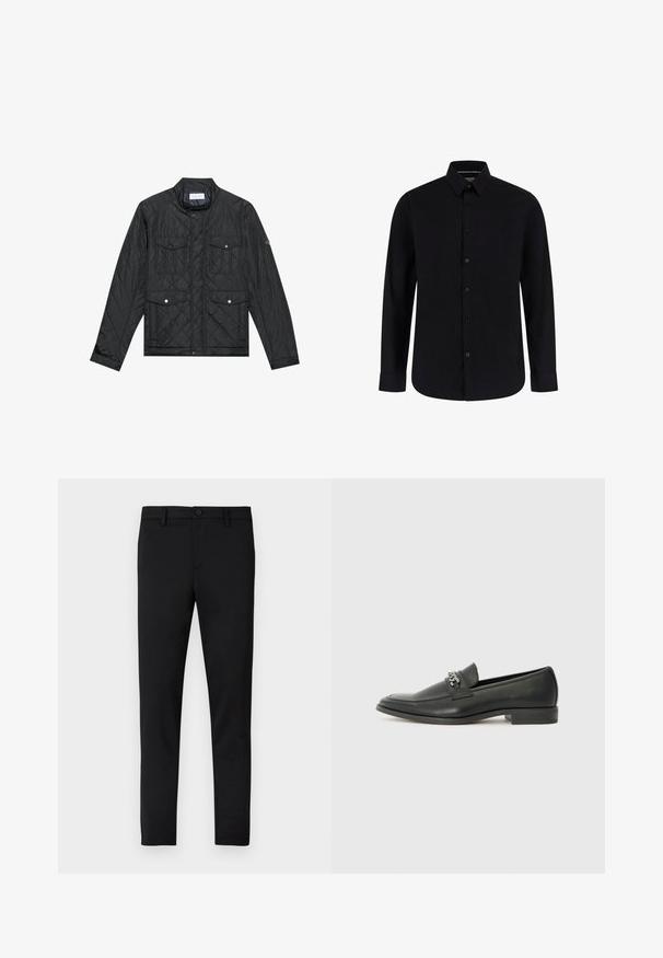Svart, quiltet jakke med ståkrage, to frontlommer med trykknapper og quiltet tekstur, laget av lett materiale.; Guess Skjorte - schwarz; Sorte, tettsittende bukser med glatt tekstur, knappelukking, beltehemper og uten synlige mønstre eller detaljer.; Sorte skinnloafers med en glatt finish, og med en sydd design og en dekorativ metallkjedeakcent over foten. Flat hæl.