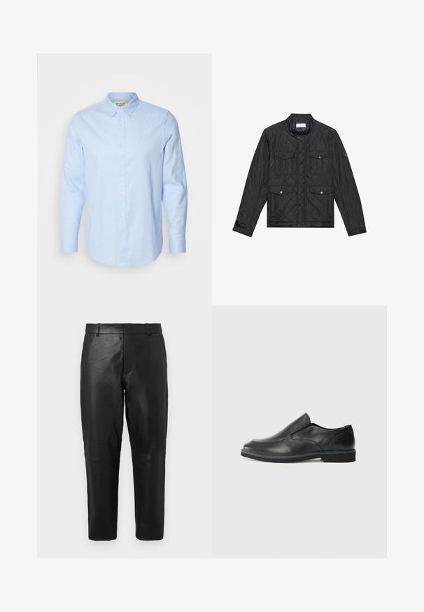 Svart, quiltet jakke med ståkrage, to frontlommer med trykknapper og quiltet tekstur, laget av lett materiale.; Lys blå langermet skjorte med knapper og knepping krage, hvite knapper og diskret brodert logo på venstre bryst.; Sorte skinnbukser med rett ben, beltehemper og sidelommer, vist mot en enkel lys bakgrunn.; Sorte skinn slip-on sko med en jevn overflate, stikking detaljer, rund tå og en lav gummihæl. Sålen har minimal mønstring.