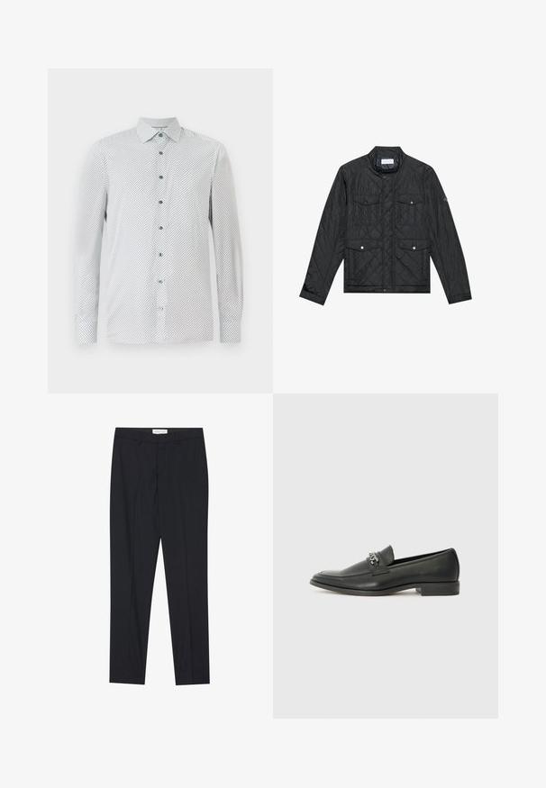 Mustmust riieumikate, millel on seisva kraega, kaks esipocketit nupuvajutustega ja tikitud tekstuur, valmistatud kergetest materjalidest.; Valge pikkade varrukatega särk, millel on väike must geomeetriline muster, rohelised nupud ja terav krae. Tavaline lõige, nupuga mansetid.; Mustad kohandatud püksid lamedate esipooltega, tavaline lõige, valmistatud sileda kangaga, sisaldavad pressitud voldid ja küljetaskud.; Must haveate nahkking punased, millel on sile viimistlus, tikitud muster ja dekoratiivne metallkett vampi üle. Tasane konts.