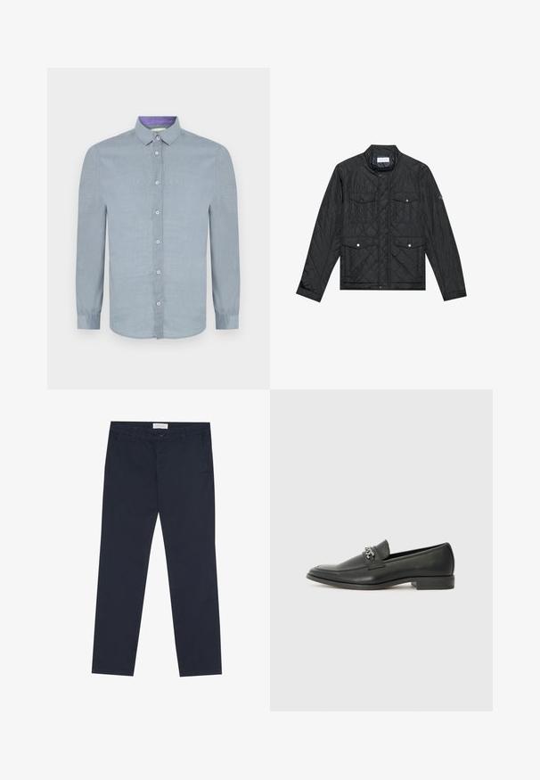 Casaco acolchoado preto com colarinho alto, dois bolsos frontais com botões de pressão e textura acolchoada, feito de um tecido leve.; Camisa de mangas longas azul clara com colarinho abotoado, botões na parte da frente e uma textura suave. O colarinho interior apresenta um detalhe em roxo contrastante.; Chinos azul-marinho feitos de algodão com uma textura suave, apresentando um fecho de correr, passantes para cinto e bolsos laterais para funcionalidade.; Sapatilha de couro preta com um acabamento suave, apresentando um design cosido e um detalhe decorativo de corrente de metal atravessando o peito do pé. Salto baixo.