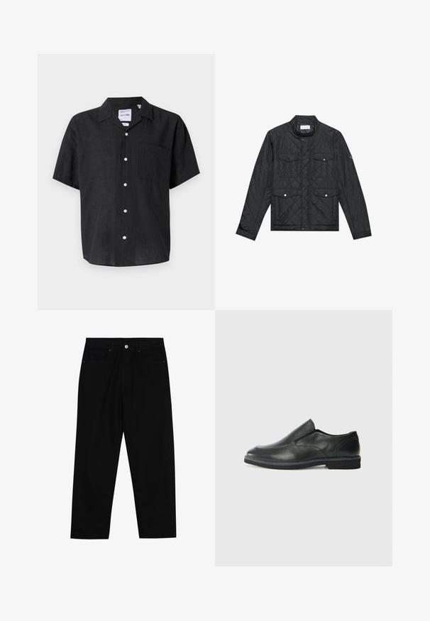Schwarz gesteppte Jacke mit Stehkragen, zwei aufgesetzten Taschen mit Druckknöpfen und gestepptem Muster, aus leichtem Material gefertigt.; Schwarzes kurzärmliges Hemd mit Knopfleiste aus Leinen. Verfügt über eine Tasche an der linken Brust und weiße Knöpfe, die im Kontrast zur Stoffstruktur stehen.; Schwarze Jeans mit geradem Schnitt, Fünf-Taschen-Design und einem vorderen Knopfverschluss. Glatte Textur mit minimalen Nähten.; Schwarze Leder-Slipper mit glattem Obermaterial, gesteppten Akzenten, runder Zehenpartie und niedrigem Gummiabsatz. Die Sohle hat ein minimales Profil.