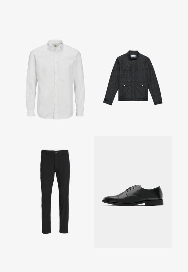 Czarna pikowana kurtka z stójką, dwiema przednimi kieszeniami z zatrzaskami i pikowaną teksturą, wykonana z lekkiego materiału.; Biała, długosleeve koszula zapinana na guziki, wykonana z bawełny, z klasycznym kołnierzykiem, prostym krojem i delikatną teksturą. Standardowe zapięcie na guziki.; Czarne spodnie z bawełnianego materiału w slim fit, z zapięciem na guzik, kieszeniami i podwiniętymi mankietami, co nadaje im swobodny charakter.; Czarne skórzane buty do garnituru z okrągłym noskiem, sznurowanym zapięciem, subtelnymi detalami przeszycia oraz niskim obcasem. Gładka faktura z polerowanym wykończeniem.