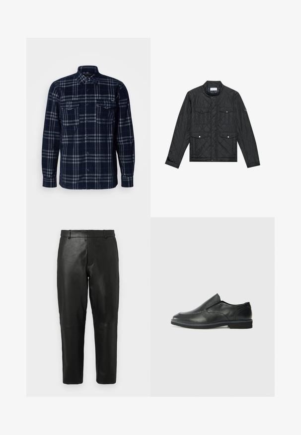 Giacca nera trapuntata con colletto rialzato, due tasche frontali con bottoni a pressione e texture trapuntata, realizzata in tessuto leggero.; Camicia azzurra navy con pattern a quadri grigi, due tasche sul petto con patte a bottone e colletto pieghevole.; Pantaloni dritti in pelle nera con passanti per cintura e tasche laterali, esposti su uno sfondo chiaro e uniforme.; Scarpa nera in pelle con inserto scivolare, superiore liscio, dettagli cuciti, punta arrotondata e tacco in gomma basso. La suola presenta un battistrada minimale.