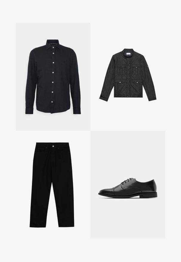 Casaco acolchoado preto com colarinho alto, dois bolsos frontais com botões de pressão e textura acolchoada, feito de um tecido leve.; Marc O'Polo SPREAD COLLAR LONG SLEEVE SHAPED FIT WITHOUT BACKDARTS - Camisa - phantom fear; Calças de ganga pretas com corte straight-leg, design de cinco bolsos e fecho frontal por botão. Tecido suave com detalhes de costura mínimos.; Sapatilha de pele preta com biqueira arredondada, design de atacadores, detalhes de costura sutis e um salto baixo. Textura suave com acabamento polido.