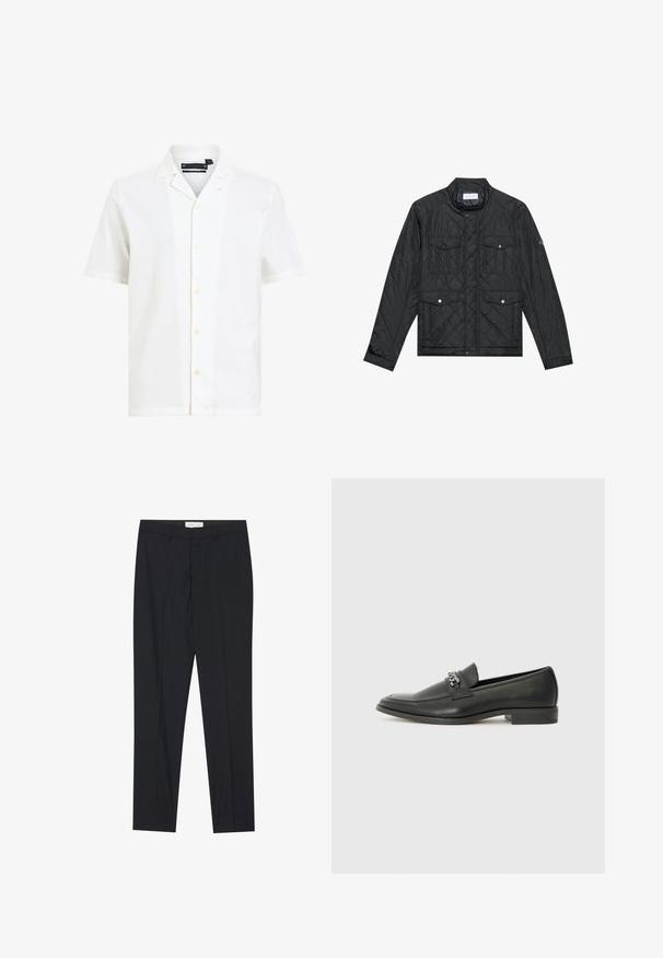 Giacca nera trapuntata con colletto rialzato, due tasche frontali con bottoni a pressione e texture trapuntata, realizzata in tessuto leggero.; Camicia bianca a maniche corte realizzata in tessuto morbido, con colletto a punte, sei bottoni sulla parte anteriore e una vestibilità rilassata.; Pantaloni neri su misura con frontale piatto, vestibilità regolare, realizzati in tessuto morbido, con pieghe stirate e tasche laterali.; Mocassino in pelle nera con finitura liscia, caratterizzato da un design cucito e da un accento decorativo in catena metallica sul vamp. Tacco piatto.