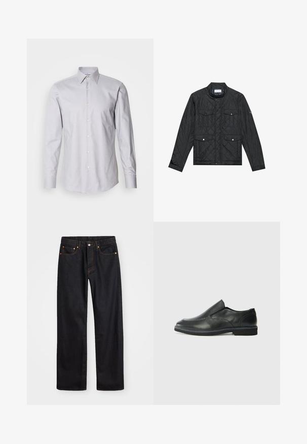 Mustmust riieumikate, millel on seisva kraega, kaks esipocketit nupuvajutustega ja tikitud tekstuur, valmistatud kergetest materjalidest.; Helehall pikkade varrukatega särk, millel on nööbiga krae, valmistatud kudumiskangast, klassikalise istuvusega ja valged nupud ees.; Meeste sirge jala mustad denim teksad viie taskuga, oranž õmblus, nupu ja tõmblukuga ees nagu vöökoht.; Must musta laia suuga king, millel on sile ülemine osa, õmmeldud detailid, ümmargune nina ja madal kummist konts. Tallal on minimaalne mustr.