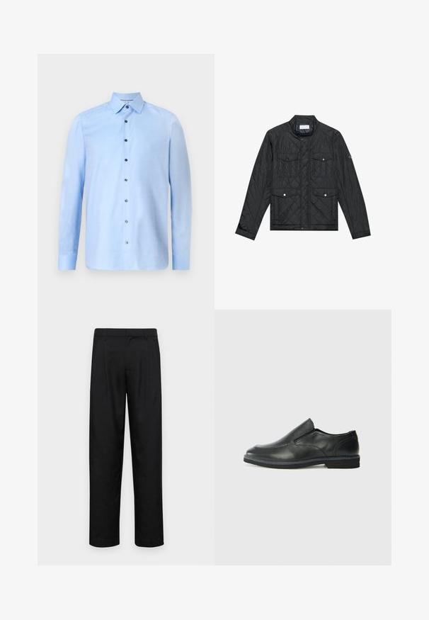 Svart, quiltet jakke med ståkrage, to frontlommer med trykknapper og quiltet tekstur, laget av lett materiale.; Lys blå skjorte med knapper laget av teksturert stoff, med klassisk krage og kontrasterende mørke knapper foran. Lange ermer.; Sorte bukser laget av glatt stoff, med rette ben, to frontfoldninger og standard liv med beltehemper.; Sorte skinn slip-on sko med en jevn overflate, stikking detaljer, rund tå og en lav gummihæl. Sålen har minimal mønstring.