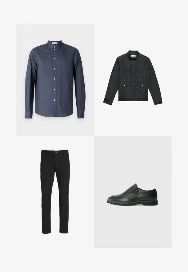 Juodas siuvinėtas džemperis su stovinčia apykakle, dviem priekinėm kišenėm su spaudėmis ir siuvinėtu paviršiumi, pagamintas iš lengvo audinio.; Jūros laivyno mėlynos spalvos ilgomis rankovėmis marškiniai, pagaminti iš lygaus audinio; turi klasikinį apykaklę, baltus mygtukus ir kreivą apačios kraštą.; Juodi medvilnės mišiniai kelnės su siauru siluetu, su mygtuko uždarymu, kišenėmis ir sukamučiais galais, suteikiančiais laisvalaikio stilių.; Juodai odiniai įtvirtinimo batai su lygiu paviršiumi, siuvinėjimo akcentais, apvalia nosimi ir žemu guminiu kulnu. Pado raštas minimalus.