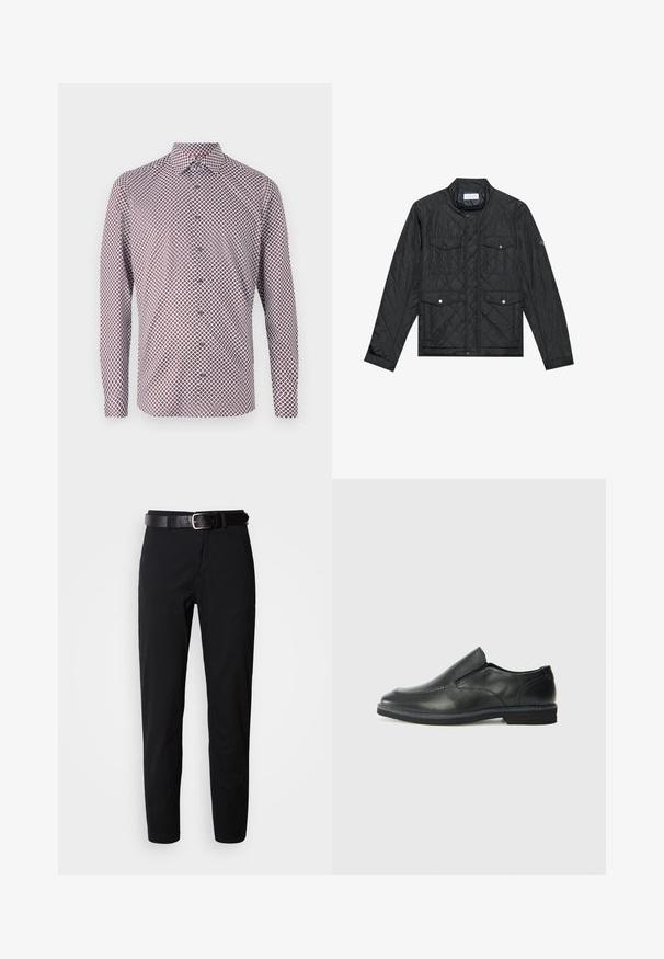 Schwarz gesteppte Jacke mit Stehkragen, zwei aufgesetzten Taschen mit Druckknöpfen und gestepptem Muster, aus leichtem Material gefertigt.; Langarm-Hemd mit Knöpfen in Weiß mit einem rot-blauen geometrischen Muster. Verfügt über einen Kragen, Manschetten und einen geraden Schnitt.; Schwarze, gerade geschnittene Hose mit glatter Textur und einem schwarzen Ledergürtel mit silberner Schnalle. Einfaches Design, ohne Muster oder Akzente.; Schwarze Leder-Slipper mit glattem Obermaterial, gesteppten Akzenten, runder Zehenpartie und niedrigem Gummiabsatz. Die Sohle hat ein minimales Profil.