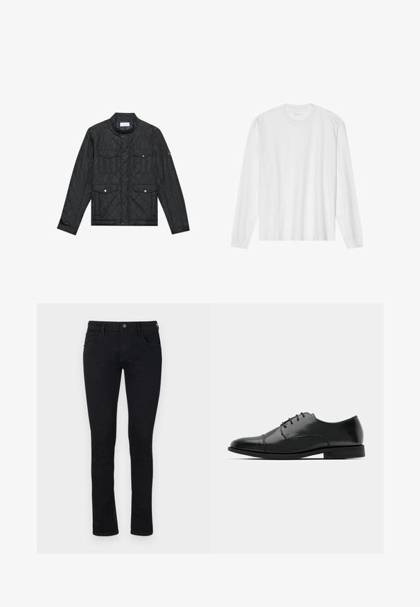 Μαύρο γούνινο μπουφάν με ψηλό γιακά, δύο μπροστινές τσέπες με κουμπιά κλειδώματος και γούνινη υφή, κατασκευασμένο από ελαφρύ ύφασμα.; Λευκό βαμβακερό T-shirt με μακριά μανίκια, στρογγυλή λαιμόκοψη και ραμμένα μανίκια. Απλός, χωρίς στολίδια σχεδιασμός, με λείο ύφασμα και κανονική εφαρμογή.; Μαύρα τζιν σλιμ φιτ σε υλικό τζιν με λεία υφή. Διαθέτουν πέντε τσέπες και μπροστινό φερμουάρ με κουμπί κλεισίματος στη μέση.; Μαύρο δερμάτινο παπούτσι με στρογγυλή μύτη, σχέδιο με κορδόνια, διακριτές ραφές και χαμηλό τακούνι. Λείο υφή με γυαλιστερή φινίρισμα.