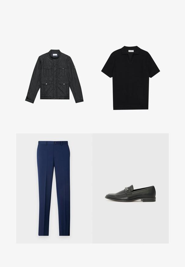Fekete steppelt dzseki álló gallérral, két elülső zsebbel, patentgombokkal és steppelt textúrával, könnyű anyagból készült.; Fekete, rövid ujjú pólóing texturált, bordázott anyagból, v-nyakkivágással és egyenes aljjal. Nincsenek látható logók vagy minták.; Tengerészeti formális nadrág, slim fit szabással, lapos elülső résszel és sima textúrával. Jellemzői közé tartozik egy gombos záródás és övhurkok.; Fekete bőr loaferek sima felülettel, varrott mintával és díszítő fém lánccal a cipő elején. Lapos sarok.
