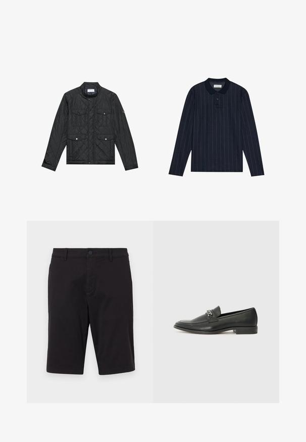 Schwarz gesteppte Jacke mit Stehkragen, zwei aufgesetzten Taschen mit Druckknöpfen und gestepptem Muster, aus leichtem Material gefertigt.; Marineblaues Langarm-Polohemd mit Kragen, ausgestattet mit feinen vertikalen Streifen und einer Drei-Knopf-Leiste. Weicher Stoff.; Schwarze Shorts aus einem leichten Stoff. Mit Knopfverschluss, Gürtelschlaufen, zwei Seitentaschen und geradem Schnitt.; Schwarzer Lederloafer mit glatter Oberfläche, ausgestattet mit einer gesteppten Gestaltung und einem dekorativen Metallkettendetail über dem Vorderblatt. Flacher Absatz.