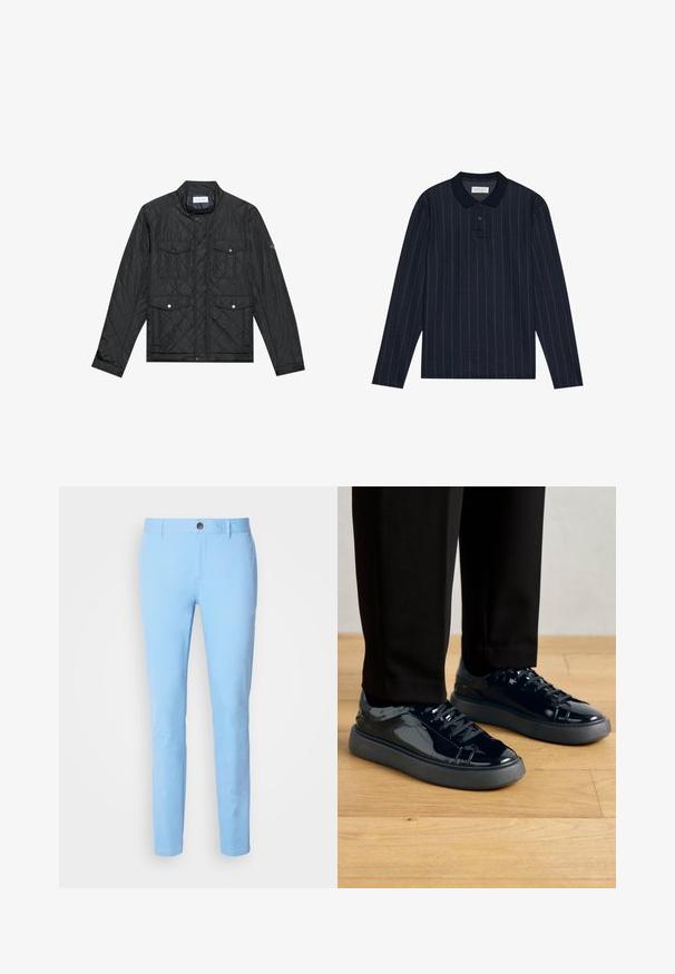 Black quilted jacket featuring a stand collar, two front pockets with snap buttons, and quilted texture, made from lightweight fabric.; Navy long-sleeve polo shirt with a collared neckline, featuring thin vertical stripes and three-button placket. Soft fabric texture.; Light blue cotton trousers with a straight cut, featuring a front button closure and side pockets. Smooth texture and no visible patterns.; Black patent leather sneakers with a textured rubber sole, round toe, and matching black laces, paired with black trousers on a wooden floor.