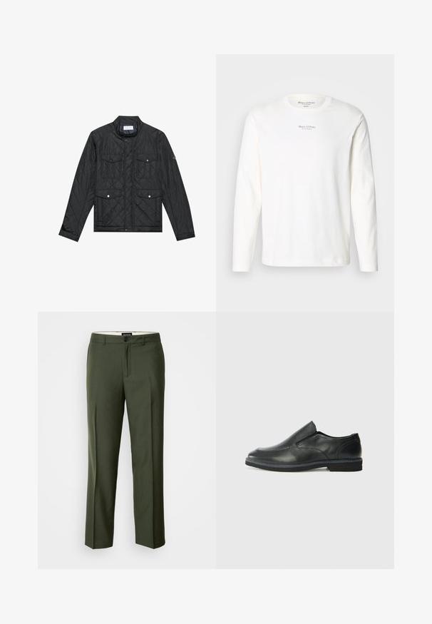 Black quilted jacket featuring a stand collar, two front pockets with snap buttons, and quilted texture, made from lightweight fabric.; Long-sleeve white cotton t-shirt. Features a crew neck and small black logo text centered on the chest. Soft texture, casual design.; Olive green tailored trousers made from a smooth fabric, featuring a single button closure, belt loops, and front pleats for structure.; Black leather slip-on shoe with a smooth upper, stitched accents, rounded toe, and a low rubber heel. Sole features minimal tread.
