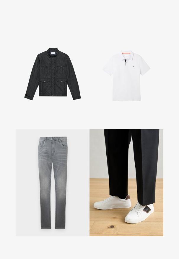 Giacca nera trapuntata con colletto rialzato, due tasche frontali con bottoni a pressione e texture trapuntata, realizzata in tessuto leggero.; Polo bianca con colletto nero e rifiniture arancioni, maniche corte e un piccolo logo sul petto. Realizzata in un mistura di cotone traspirante.; Jeans in denim grigio con un design sbiadito, stile a cinque tasche, chiusura con bottone e gamba dritta. Texture liscia con lievi segni di usura ai bordi.; Sneakers bianchi dalla texture liscia, con dettagli in pelle marrone e particolari neri, abbinati a pantaloni neri su misura. Sfondo in parquet.