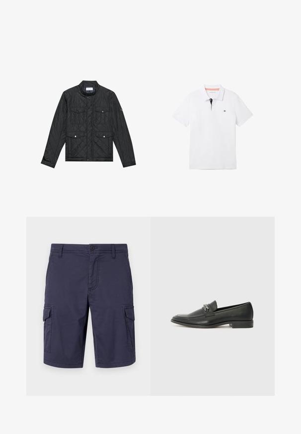 Mustmust riieumikate, millel on seisva kraega, kaks esipocketit nupuvajutustega ja tikitud tekstuur, valmistatud kergetest materjalidest.; Valge polosärk musta kaelusega, millel on oranž ääreline, lühikesed varrukad ja väike logo rinnal. Valmistatud hingavast puuvillasegistusest.; Tumed sinised cargo lühikesed püksid, mis on valmistatud vastupidavast kangast, küljetaskudega, nööpclosinguga ja tekstuurse viimistlusega.; Must haveate nahkking punased, millel on sile viimistlus, tikitud muster ja dekoratiivne metallkett vampi üle. Tasane konts.