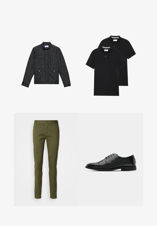 Veste matelassée noire avec col montant, deux poches avant avec boutons-pression et texture matelassée, fabriquée en tissu léger.; Deux polos noirs, à manches courtes, en coton, avec un col classique, une patte de boutonnage à deux boutons, et des accents rayés blancs à l'intérieur du col.; Chino en vert olive en tissu mélangé coton, avec une coupe droite, une fermeture éclair et des poches avant. Texture lisse avec un minimum de détails.; Chaussure habillée noire en cuir avec un bout rond, un laçage, des détails de couture subtils et un petit talon. Texture lisse avec une finition polie.
