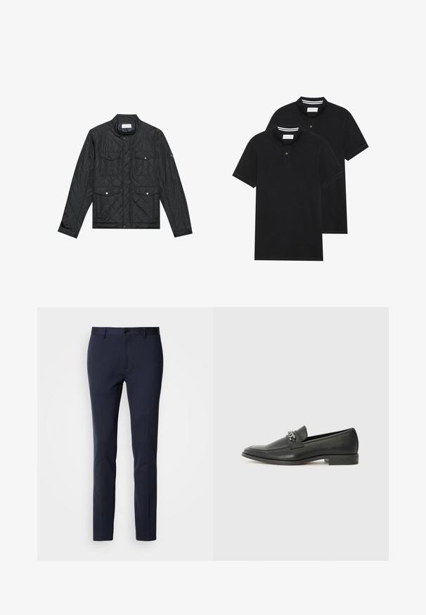 Schwarz gesteppte Jacke mit Stehkragen, zwei aufgesetzten Taschen mit Druckknöpfen und gestepptem Muster, aus leichtem Material gefertigt.; Zwei schwarze Polohemden, kurzärmlig, aus Baumwolle, mit einem klassischen Kragen, zwei Knöpfen und weißen Streifenakzenten im Inneren des Kragens.; Navy-Hosen aus glattem, elastischem Stoff. Mit Reißverschluss, einem einzelnen Knopfverschluss und schmal zulaufenden Beinen.; Schwarzer Lederloafer mit glatter Oberfläche, ausgestattet mit einer gesteppten Gestaltung und einem dekorativen Metallkettendetail über dem Vorderblatt. Flacher Absatz.