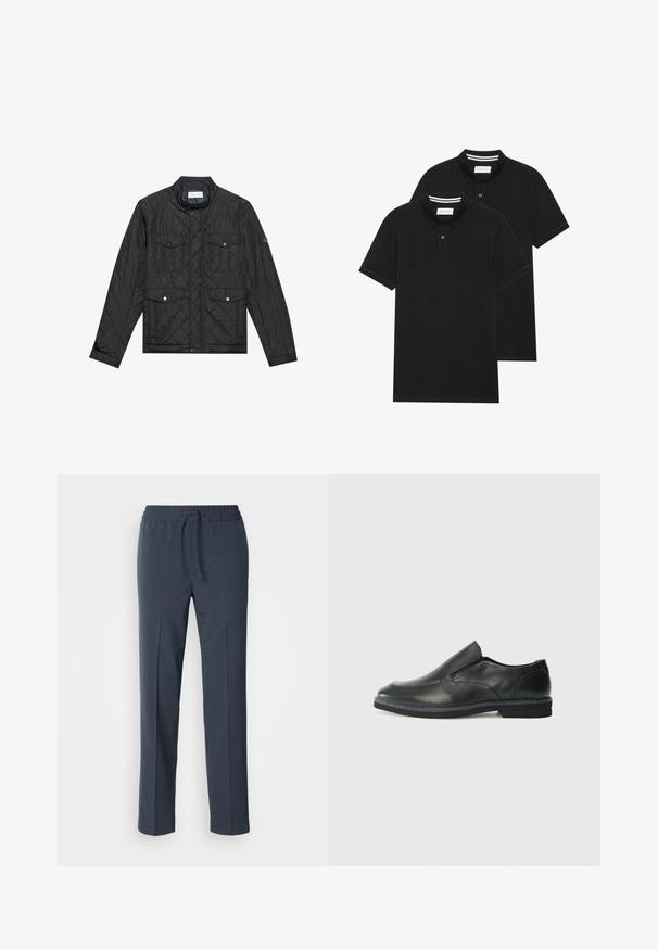 Svart, quiltet jakke med ståkrage, to frontlommer med trykknapper og quiltet tekstur, laget av lett materiale.; To svarte polo skjorter, kortermet, i bomullsmateriale, med krage i klassisk stil, to-knapps knappestolpe, og hvite striper inni kragen.; Mørkeblå, letvægtige bukser med snøre i taljen, lige ben og glat tekstur. Ingen mønstre eller accenter synlige.; Sorte skinn slip-on sko med en jevn overflate, stikking detaljer, rund tå og en lav gummihæl. Sålen har minimal mønstring.