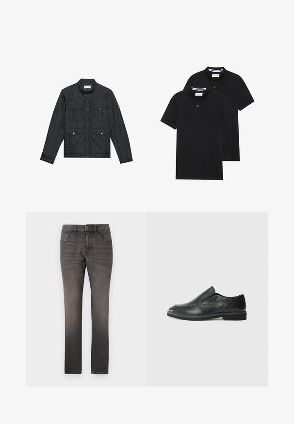 Crna jakna s kvadratnim šavovima, koja ima uspravni ovratnik, dva prednja džepa sa dugmadima na pritiskanje i teksturu s kvadratnim šavovima, izrađena od laganog materijala.; Dva crna polo majice, kratki rukavi, pamučni materijal, sa klasičnom ovratnikom, čepom sa dva gumba i bijelim prugastim detaljima unutar ovratnika.; TOM TAILOR JOSH  - Traperice ravnih nogavica - used dark stone black denim; Crne kožne cipele na sklapanje s glatkom gornjom površinom, prošivenim detaljima, zaobljenim vrhom i niskim gumene potplate. Potplat ima minimalne uzorke.