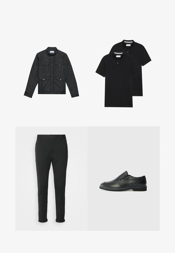Črna prešita jakna z dvignjenim ovratnikom, dvema sprednjima žepoma s pritisnimi gumbi in prešito teksturo, izdelana iz lahkega materiala.; Dve črne polo majice, kratke rokave, iz bombažnega materiala, z klasik ovratnikom, dvobodno zaponko in belimi črtkami znotraj ovratnika.; Črne hlače iz gladkega materiala z ravnim krojem. Imajo enojno zapiranje na gumb in zavihane hlačnice.; Črne usnjene natikače z gladkim zgornjim delom, prišitimi detajli, zaobljenim nosom in nizkim gumijastim petkom. Podplat ima minimalen profil.
