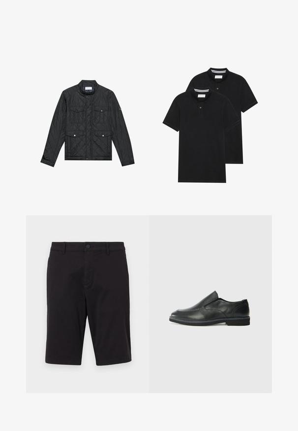Black quilted jacket featuring a stand collar, two front pockets with snap buttons, and quilted texture, made from lightweight fabric.; Two black polo shirts, short-sleeved, cotton material, featuring a classic collar, two-button placket, and white striped accents inside the collar.; Black shorts made of a lightweight fabric. Features a button closure, belt loops, two side pockets, and a straight cut.; Black leather slip-on shoe with a smooth upper, stitched accents, rounded toe, and a low rubber heel. Sole features minimal tread.