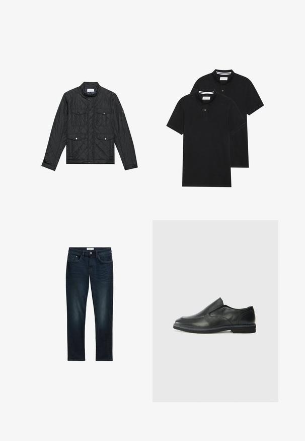 Μαύρο γούνινο μπουφάν με ψηλό γιακά, δύο μπροστινές τσέπες με κουμπιά κλειδώματος και γούνινη υφή, κατασκευασμένο από ελαφρύ ύφασμα.; Δύο μαύρα πόλο πουκάμισα, κοντομάνικα, από βαμβακερό υλικό, με κλασικό γιακά, πατιλέτα με δύο κουμπιά και λευκές ριγέ λεπτομέρειες μέσα στον γιακά.; Μαύρες μπλε τζιν παντελόνες με στενή γραμμή, που διαθέτουν πέντε τσέπες, κουμπωτό κλείσιμο και διακριτική φθορά στο μπροστινό μέρος για υφή.; Μαύρο δερμάτινο παπούτσι χωρίς κορδόνια με λείο επάνω μέρος, ραφές, στρογγυλή μύτη και χαμηλό λάστιχο τακούνι. Η σόλα διαθέτει ελάχιστο σχέδιο.