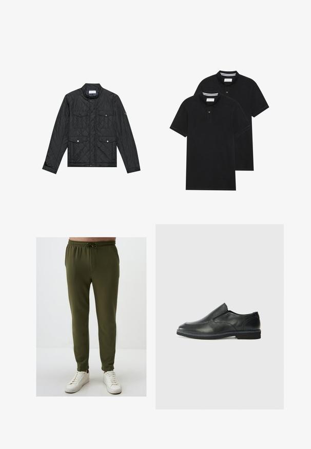 Schwarz gesteppte Jacke mit Stehkragen, zwei aufgesetzten Taschen mit Druckknöpfen und gestepptem Muster, aus leichtem Material gefertigt.; Zwei schwarze Polohemden, kurzärmlig, aus Baumwolle, mit einem klassischen Kragen, zwei Knöpfen und weißen Streifenakzenten im Inneren des Kragens.; Olivgrüne Jogginghosen mit einem elastischen Bund, Kordelzugdetails und schmal zulaufendem Bein, kombiniert mit weißen Turnschuhen. Glatte Textur.; Schwarze Leder-Slipper mit glattem Obermaterial, gesteppten Akzenten, runder Zehenpartie und niedrigem Gummiabsatz. Die Sohle hat ein minimales Profil.