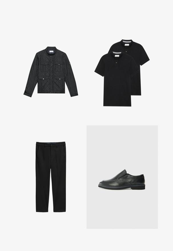 Črna prešita jakna z dvignjenim ovratnikom, dvema sprednjima žepoma s pritisnimi gumbi in prešito teksturo, izdelana iz lahkega materiala.; Dve črne polo majice, kratke rokave, iz bombažnega materiala, z klasik ovratnikom, dvobodno zaponko in belimi črtkami znotraj ovratnika.; Črne hlače ravnega kroja, narejene iz teksturirane tkanine. Imajo dve sprednji žep in gumbasto zapiranje v pasu.; Črne usnjene natikače z gladkim zgornjim delom, prišitimi detajli, zaobljenim nosom in nizkim gumijastim petkom. Podplat ima minimalen profil.
