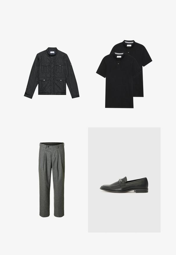 Juodas siuvinėtas džemperis su stovinčia apykakle, dviem priekinėm kišenėm su spaudėmis ir siuvinėtu paviršiumi, pagamintas iš lengvo audinio.; Du žaidimų juodos polo marškiniai, trumpomis rankovėmis, pagaminti iš medvilnės, su klasikinėmis apykaklėmis, dviem mygtukais priekyje ir baltais dryžiais apykaklės viduje.; Pilki juostuoti kelnės su raukiniu priekyje, su mygtuko uždarymu ir struktūrizuotu siluetu, pagamintos iš tekstūrinės medžiagos.; Juodos odinės loafer tipo bateliai su lygiu paviršiumi, turintys siuvinėtą dizainą ir dekoratyvų metalo grandinėlės akcentą ant batų viršaus. Plokščias kulnas.