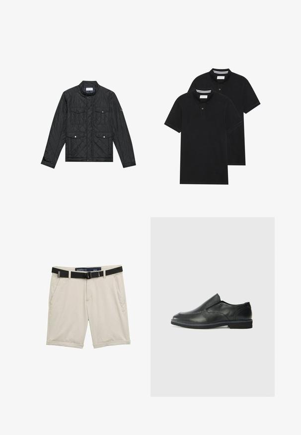 Melna quiltota jaka ar stāvo apkakli, divām priekšējām kabatām ar spiedpogu aizdari un quiltu tekstūru, izgatavota no viegla auduma.; Divas melnas polo krekli, īsām piedurknēm, no kokvilnas materiāla, ar klasisku apkakli, divu pogu aizdari un balti svītroti akcenti apkakles iekšpusē.; Bēšas šortus ar melnu regulējamu jostu. Izgatavoti no viegla auduma, ar sānu kabatām un salocītām piedurknēm, kas rada ikdienišķu izskatu. Izmērs M.; Melnas ādas slip-on kurpes ar gludu augšdaļu, izšūtām akcentiem, noapaļotu purngala daļu un zemu gumijas papēdi. Zole ar minimālu rakstu.