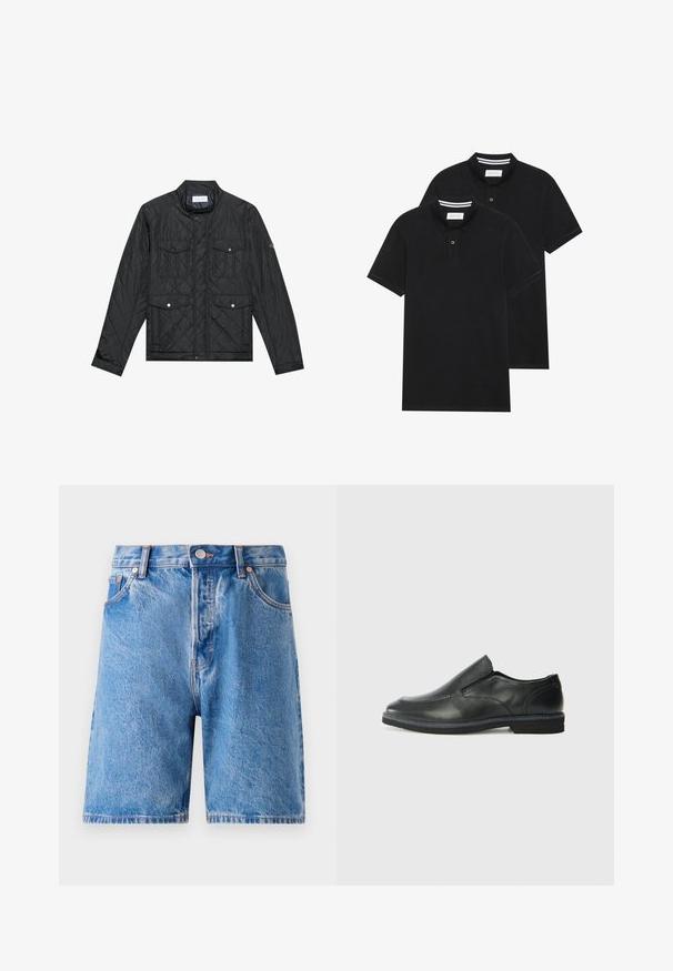 Crna jakna s kvadratnim šavovima, koja ima uspravni ovratnik, dva prednja džepa sa dugmadima na pritiskanje i teksturu s kvadratnim šavovima, izrađena od laganog materijala.; Dva crna polo majice, kratki rukavi, pamučni materijal, sa klasičnom ovratnikom, čepom sa dva gumba i bijelim prugastim detaljima unutar ovratnika.; Denim šortsevi u svijetloplavoj boji s izblijedjelim učinkom. Imaju klasičan dizajn s pet džepova, zatvaranje na gumb i čelične zakovice u bakrenoj boji.; Crne kožne cipele na sklapanje s glatkom gornjom površinom, prošivenim detaljima, zaobljenim vrhom i niskim gumene potplate. Potplat ima minimalne uzorke.