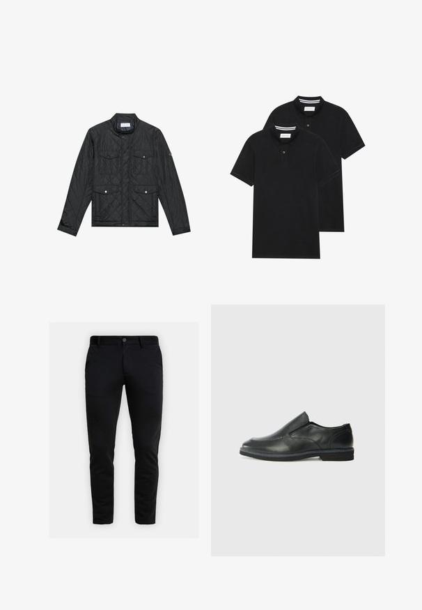 Černá prošívaná bunda s límcem, dvěma předními kapsami se zacvakávacími knoflíky a prošívanou strukturou, vyrobená z lehkého materiálu.; Dvě černé polokošile s krátkým rukávem z bavlny, s klasickým límcem, dvouknoflíkovou légou a bílými pruhovanými akcenty uvnitř límce.; Slim-fit černé kalhoty s poutky na opasek, předním zapínáním na knoflík a bočními kapsami, vystavené na světle šedém pozadí.; Černá kožená nazouvací bota s hladkým svrškem, prošívanými detaily, zaoblenou špičkou a nízkým gumovým podpatkem. Podešev má minimální vzorek.
