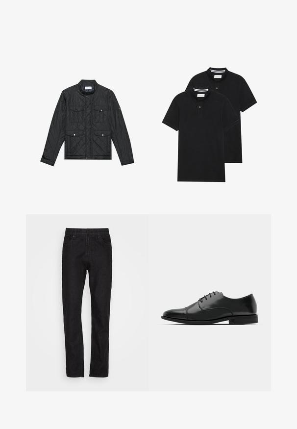 Chaqueta negra acolchada con cuello alzado, dos bolsillos frontales con botones a presión y textura acolchada, fabricada en un tejido ligero.; Dos camisetas polo negras, de manga corta, de material de algodón, que presentan un cuello clásico, una tapeta de dos botones y acentos de rayas blancas en el interior del cuello.; Pantalones vaqueros de mezclilla negra con un diseño de pierna recta, cinco bolsillos, cierre de botón y cremallera, y un acabado texturizado sutil.; Zapato de vestir de cuero negro con punta redondeada, diseño con cordones, detalles de costura sutiles y un tacón bajo. Textura suave con acabado pulido.