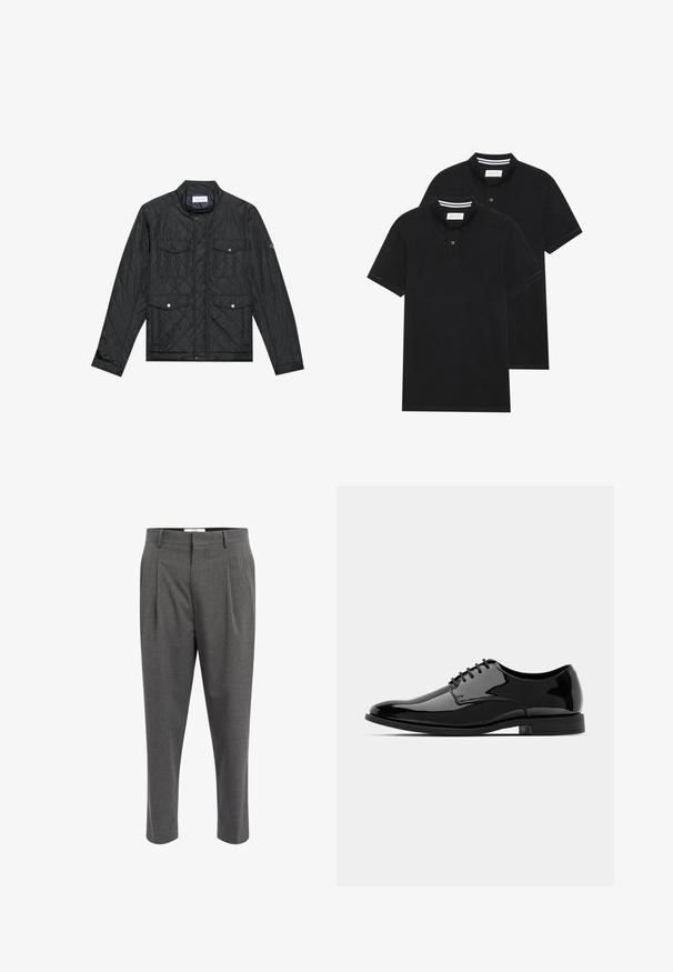 Mustmust riieumikate, millel on seisva kraega, kaks esipocketit nupuvajutustega ja tikitud tekstuur, valmistatud kergetest materjalidest.; Kaks musta polo särki, lühikeste varrukatega, puuvillane materjal, klassikalise kraega, kahe nupuga kinnitusega, valgete triipudega krae sisepinnal.; Hallid hallid püksid, millel on tekstuuritud kangas, voldid, sirge sääre disain ja vööde jaoks silmused. Ei ole nähtavat riistvara ega aktsente.; Mustan läikiva nahast kleitking, millel on ümar varvas, nööridega disain ja sile, läikiv pind. Omab madalat kummitalda.