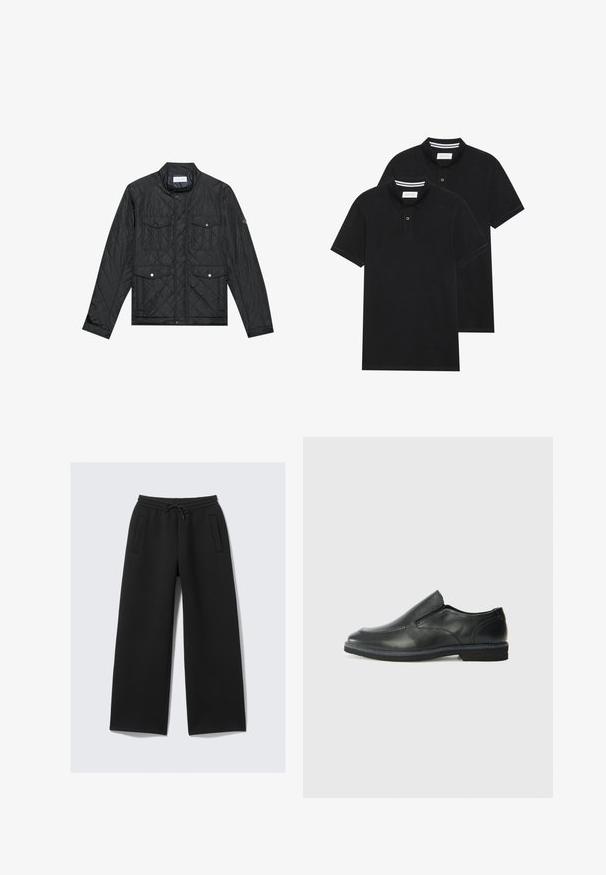 Czarna pikowana kurtka z stójką, dwiema przednimi kieszeniami z zatrzaskami i pikowaną teksturą, wykonana z lekkiego materiału.; Dwie czarne koszulki polo z krótkim rękawem, wykonane z materiału bawełnianego, z klasycznym kołnierzykiem, z zapięciem na dwa guziki oraz białymi paskami wewnątrz kołnierza.; Czarne spodnie dresowe o szerokich nogawkach z elastycznym pasem i sznurkiem do regulacji, z dwiema pionowymi kieszeniami na przodzie.; Czarne skórzane buty wsuwane z gładką cholewką, przeszyciami, okrągłym noskiem i niskim gumowym obcasem. Podeszwa ma minimalny bieżnik.