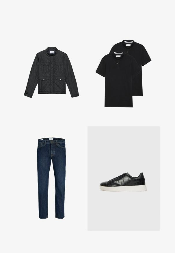 Μαύρο γούνινο μπουφάν με ψηλό γιακά, δύο μπροστινές τσέπες με κουμπιά κλειδώματος και γούνινη υφή, κατασκευασμένο από ελαφρύ ύφασμα.; Δύο μαύρα πόλο πουκάμισα, κοντομάνικα, από βαμβακερό υλικό, με κλασικό γιακά, πατιλέτα με δύο κουμπιά και λευκές ριγέ λεπτομέρειες μέσα στον γιακά.; Σκούρο μπλε τζιν παντελόνι με ίσια γραμμή, διακοσμημένο με κλασικό σχέδιο πέντε τσέπες και εμφανή μεταλλικό κούμπωμα στη μέση.; Μαύρα αθλητικά παπούτσια με υφή από δέρμα με ανάγλυφο σχέδιο κροκοδείλου, στρογγυλή μύτη και αντίθετη λευκή καουτσούκ σόλα με λείες επιφάνειες.