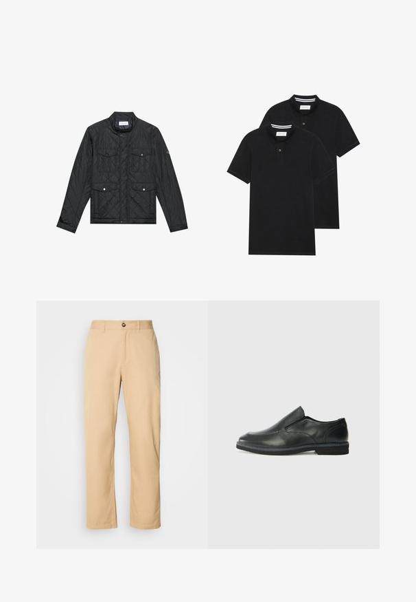 Sort quiltet jakke med en stående krave, to forlommer med trykknapper og quiltet struktur, lavet af letvægtsstof.; To sorte polo T-shirts, kortærmede, lavet af bomuldsstof, med en klassisk krave, to-knaps placket og hvide stribede detaljer indeni kraven.; Khaki bomuldsbukser med lige ben-design, der har en frontknaplukning og bæltestropper. Glat tekstur og ensartet overflade.; Sorte læder slip-on sko med en glat overdel, syede detaljer, rund tå og en lav gummihæl. Sålen har minimal profil.