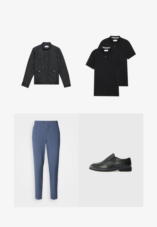 Svart, quiltet jakke med ståkrage, to frontlommer med trykknapper og quiltet tekstur, laget av lett materiale.; To svarte polo skjorter, kortermet, i bomullsmateriale, med krage i klassisk stil, to-knapps knappestolpe, og hvite striper inni kragen.; Lys blå bukser med en tilpasset pasform, der har en glat tekstur, for- og baklommer, en knappelukking og et press i front.; Sorte skinn slip-on sko med en jevn overflate, stikking detaljer, rund tå og en lav gummihæl. Sålen har minimal mønstring.