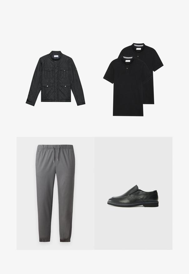 Schwarz gesteppte Jacke mit Stehkragen, zwei aufgesetzten Taschen mit Druckknöpfen und gestepptem Muster, aus leichtem Material gefertigt.; Zwei schwarze Polohemden, kurzärmlig, aus Baumwolle, mit einem klassischen Kragen, zwei Knöpfen und weißen Streifenakzenten im Inneren des Kragens.; Graue Jogginghose aus weichem Stoff, mit elastischem Bund und Kordelzug, Bündchen an den Knöcheln und glatter Textur.; Schwarze Leder-Slipper mit glattem Obermaterial, gesteppten Akzenten, runder Zehenpartie und niedrigem Gummiabsatz. Die Sohle hat ein minimales Profil.
