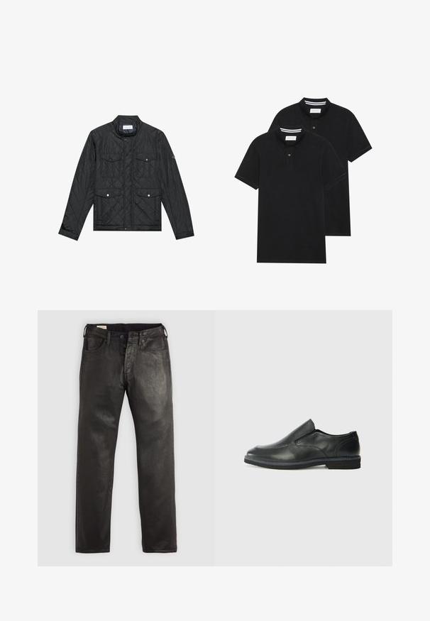 Črna prešita jakna z dvignjenim ovratnikom, dvema sprednjima žepoma s pritisnimi gumbi in prešito teksturo, izdelana iz lahkega materiala.; Dve črne polo majice, kratke rokave, iz bombažnega materiala, z klasik ovratnikom, dvobodno zaponko in belimi črtkami znotraj ovratnika.; Črne kavbojke iz denima ravnega kroja, z gumbom in zadrgo, petimi žepi in gladko teksturo.; Črne usnjene natikače z gladkim zgornjim delom, prišitimi detajli, zaobljenim nosom in nizkim gumijastim petkom. Podplat ima minimalen profil.