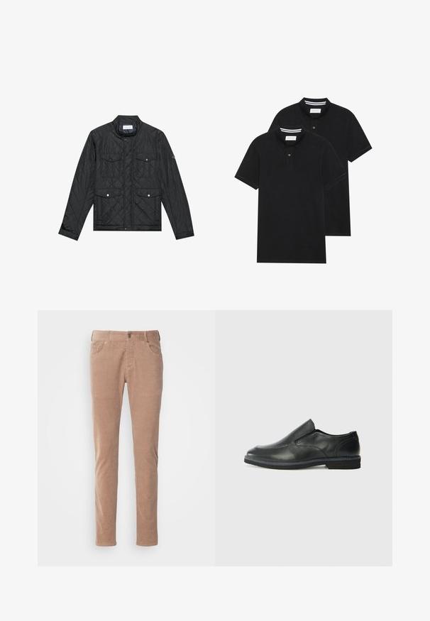 Schwarz gesteppte Jacke mit Stehkragen, zwei aufgesetzten Taschen mit Druckknöpfen und gestepptem Muster, aus leichtem Material gefertigt.; Zwei schwarze Polohemden, kurzärmlig, aus Baumwolle, mit einem klassischen Kragen, zwei Knöpfen und weißen Streifenakzenten im Inneren des Kragens.; Hellbraune Cordhosen mit geradem Bein, ausgestattet mit zwei Fronttaschen, einem Knopfverschluss und einer weichen Ripptextur.; Schwarze Leder-Slipper mit glattem Obermaterial, gesteppten Akzenten, runder Zehenpartie und niedrigem Gummiabsatz. Die Sohle hat ein minimales Profil.